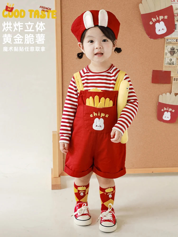 Girls' Cartoon Suit Cute Rabbit Embroidered Top Baby Spring Fashion Stripe T-Shirt Straps Skirt Pants