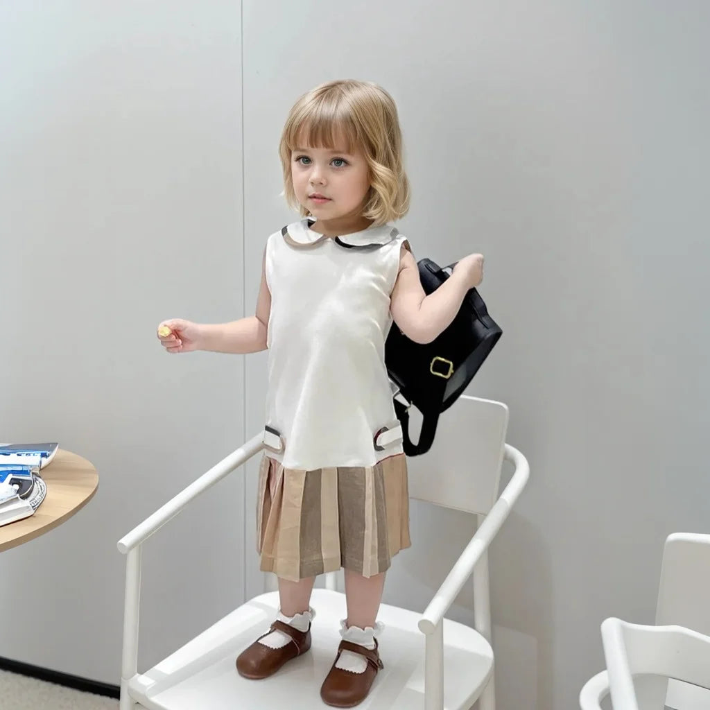 Girls Dress2025 New Summer Toddler Kids Cotton Dresses  Baby Pleated Dress Lovely Children Clothes Turn-down Collar Girl Tennis