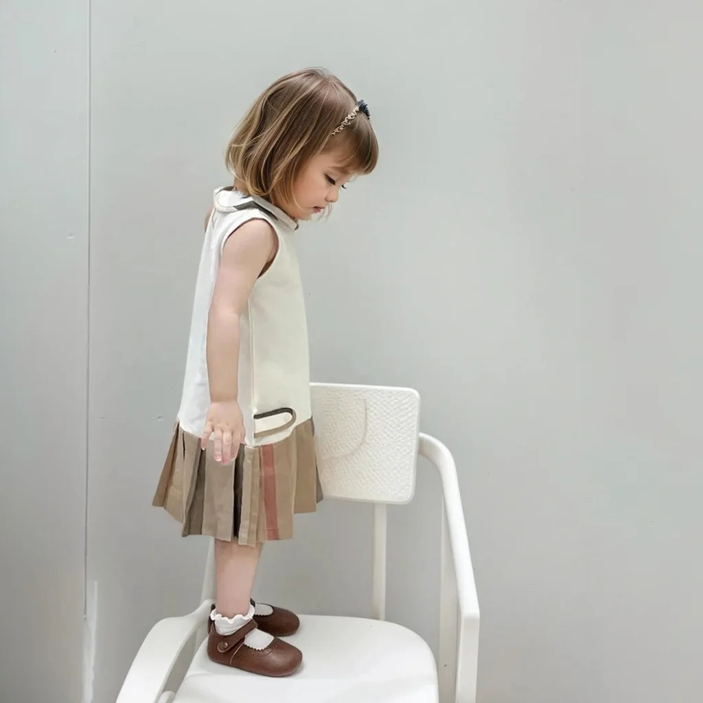 Girls Dress2025 New Summer Toddler Kids Cotton Dresses  Baby Pleated Dress Lovely Children Clothes Turn-down Collar Girl Tennis