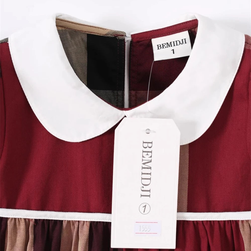 Summer Short Sleeves Kids Girl's Dress Long Sleeves Retro Style Red Plaid Striped Doll Collar Princess Doll Dresses Kids Clothes