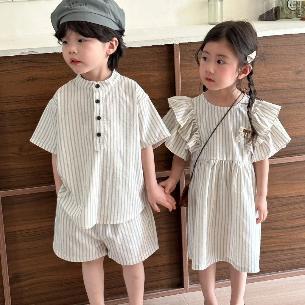 22004 Brother Sister Clothes Summer New Short Sleeve Stripes Baby Boy's Suit Or Cotton Girl Dress