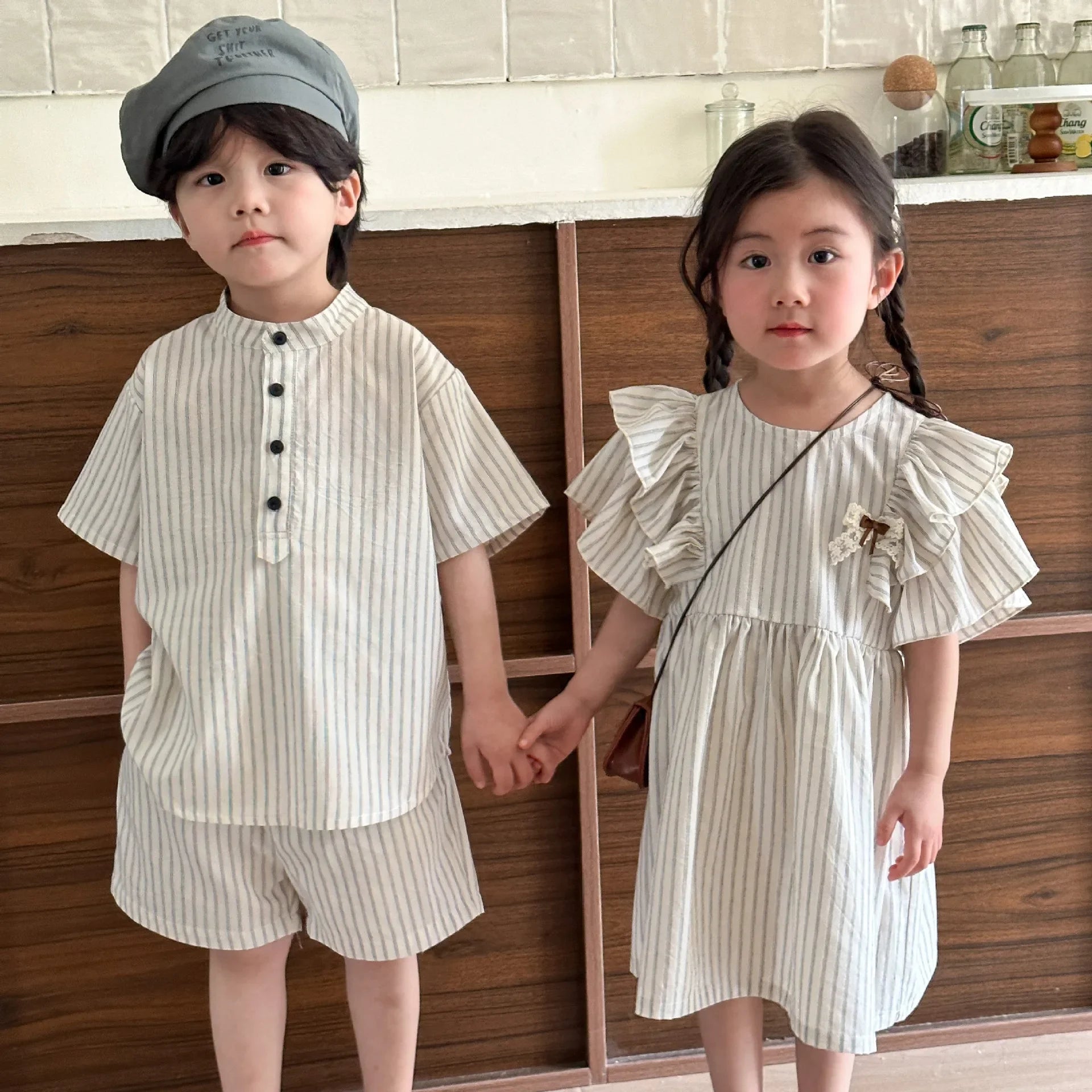 22004 Brother Sister Clothes Summer New Short Sleeve Stripes Baby Boy's Suit Or Cotton Girl Dress