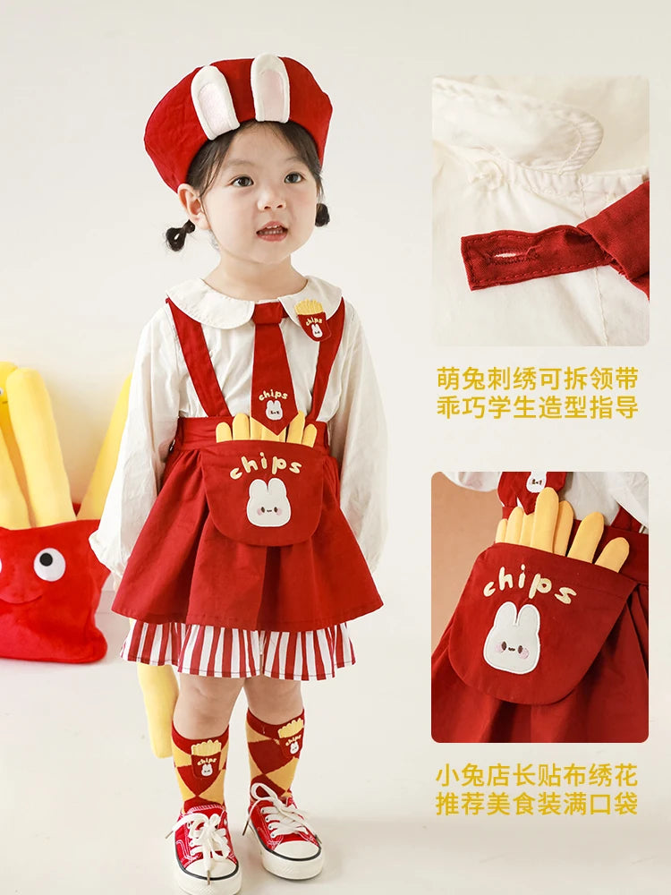 Girls' Cartoon Suit Cute Rabbit Embroidered Top Baby Spring Fashion Stripe T-Shirt Straps Skirt Pants