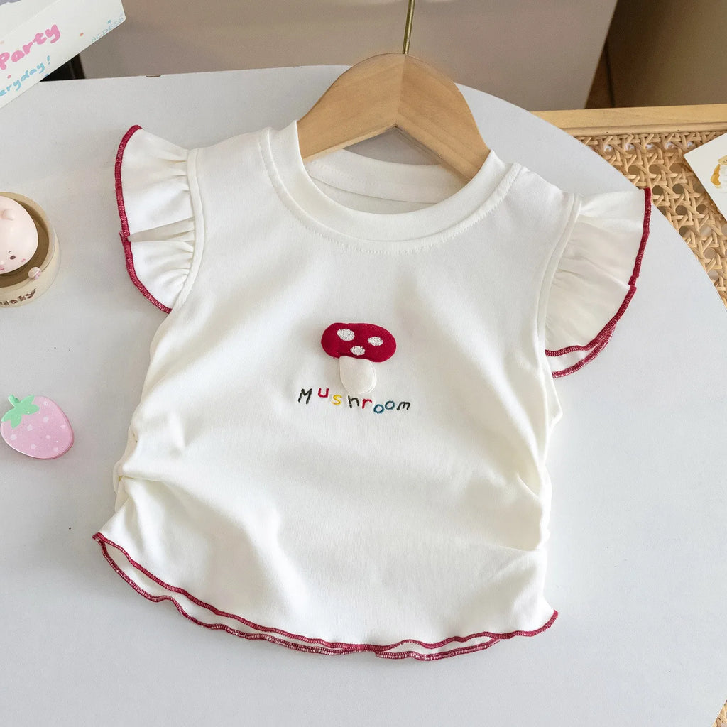 Girls' Summer Sweet Set  Little Girl's Flutter Sleeve Vest with Bloom short Pants Two-Piece Outfit