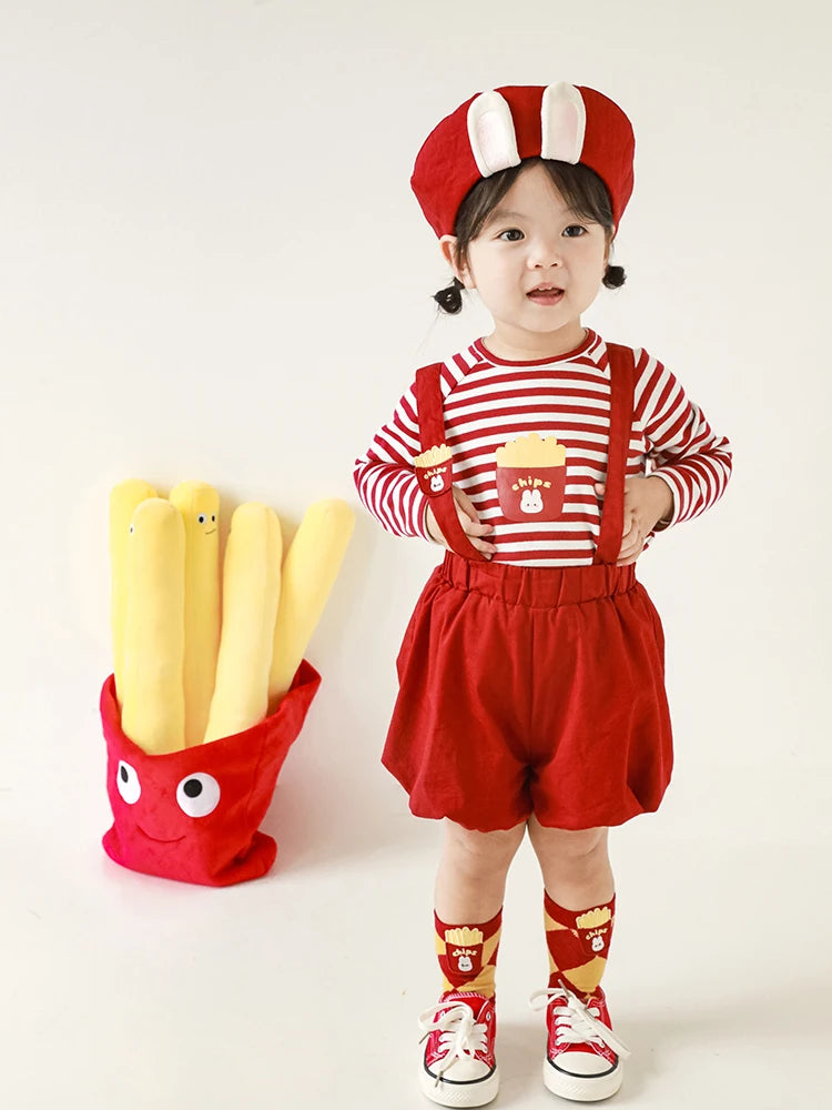 Girls' Cartoon Suit Cute Rabbit Embroidered Top Baby Spring Fashion Stripe T-Shirt Straps Skirt Pants